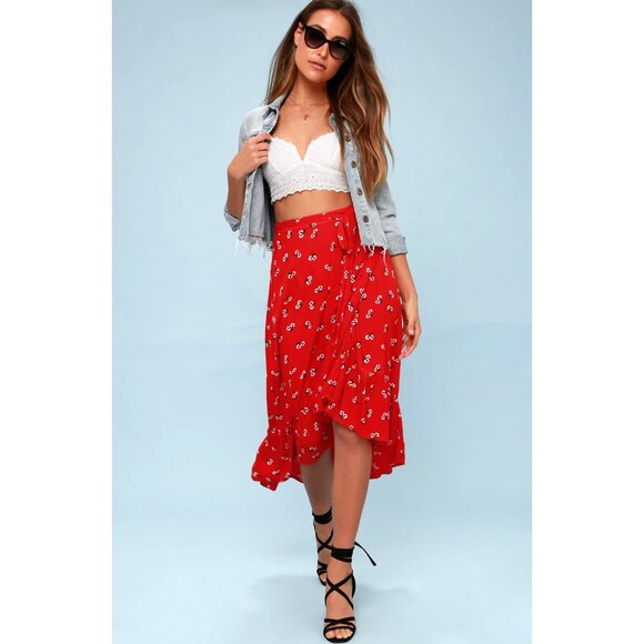 BILLABONG "Dancing Til Dawn Red" Floral Print Midi Wrap Boho Beach Skirt M - Picture 14 of 14